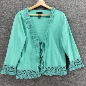 New DG Donna Gray Top Women L Large Green V-Neck Tie Up Long Sleeve Rayon Casual